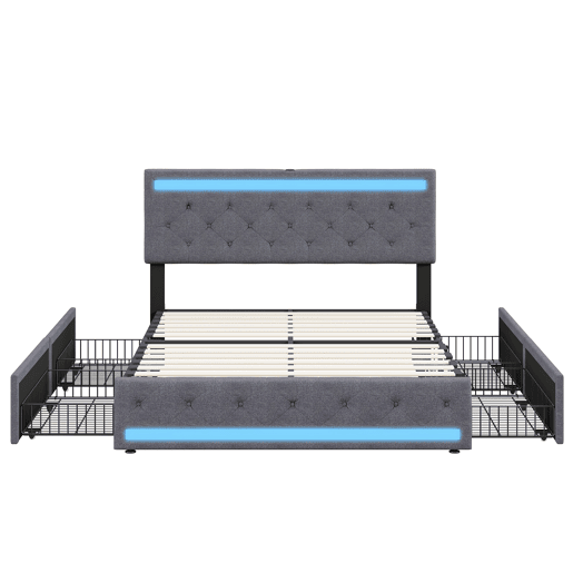 Shopentra Cama estofada 140x190 cm com LED RGB, USB, cabeceira acolchoada e 4 gavetas metálicas, tecido cinza