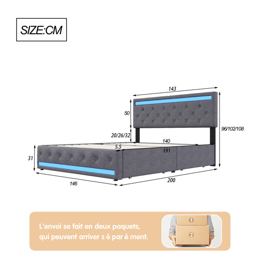 Shopentra Cama estofada 140x190 cm com LED RGB, USB, cabeceira acolchoada e 4 gavetas metálicas, tecido cinza