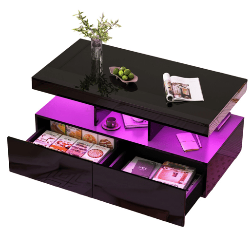 Mesa de centro, iluminação LED, mesa de sala com amplo espaço de arrumação, gavetas Mesa de centro, iluminação LED, mesa de sala com amplo espaço de arrumação, gavetas