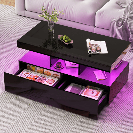 Mesa de centro, iluminação LED, mesa de sala com amplo espaço de arrumação, gavetas Mesa de centro, iluminação LED, mesa de sala com amplo espaço de arrumação, gavetas