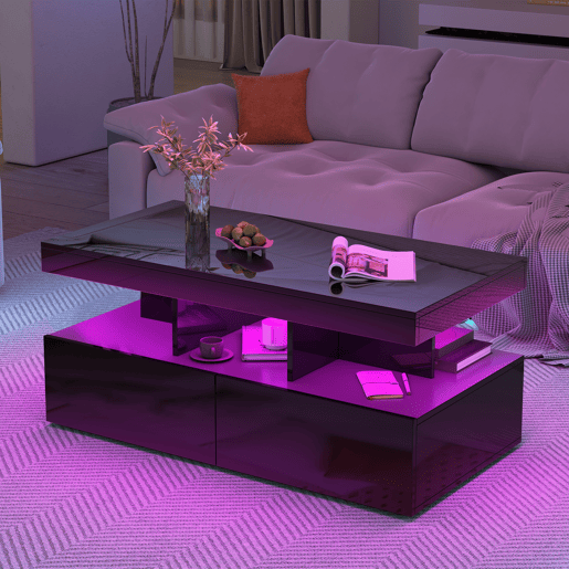 Mesa de centro, iluminação LED, mesa de sala com amplo espaço de arrumação, gavetas Mesa de centro, iluminação LED, mesa de sala com amplo espaço de arrumação, gavetas