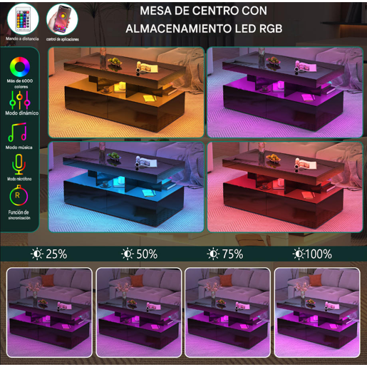 Mesa de centro, iluminação LED, mesa de sala com amplo espaço de arrumação, gavetas Mesa de centro, iluminação LED, mesa de sala com amplo espaço de arrumação, gavetas