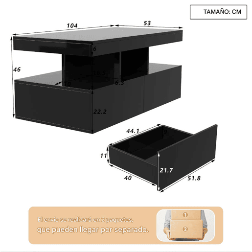 Mesa de centro, iluminação LED, mesa de sala com amplo espaço de arrumação, gavetas Mesa de centro, iluminação LED, mesa de sala com amplo espaço de arrumação, gavetas