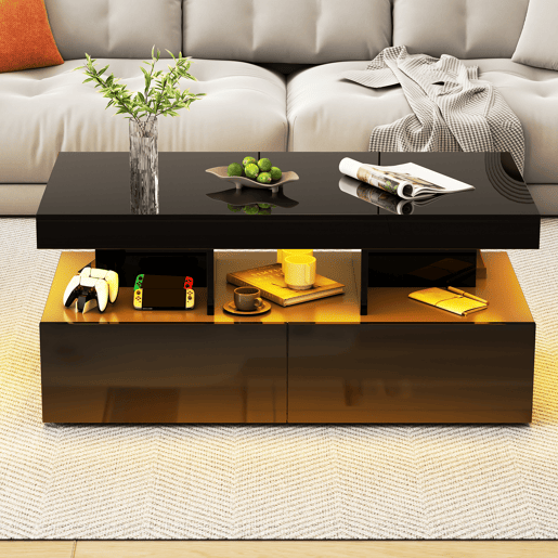 Mesa de centro, iluminação LED, mesa de sala com amplo espaço de arrumação, gavetas Mesa de centro, iluminação LED, mesa de sala com amplo espaço de arrumação, gavetas
