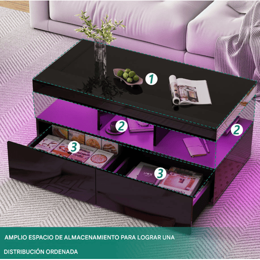 Mesa de centro, iluminação LED, mesa de sala com amplo espaço de arrumação, gavetas Mesa de centro, iluminação LED, mesa de sala com amplo espaço de arrumação, gavetas