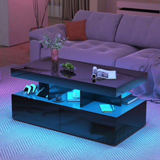 Mesa de centro, iluminação LED, mesa de sala com amplo espaço de arrumação, gavetas Mesa de centro, iluminação LED, mesa de sala com amplo espaço de arrumação, gavetas