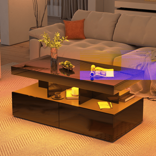 Mesa de centro, iluminação LED, mesa de sala com amplo espaço de arrumação, gavetas Mesa de centro, iluminação LED, mesa de sala com amplo espaço de arrumação, gavetas
