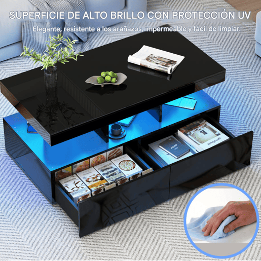 Mesa de centro, iluminação LED, mesa de sala com amplo espaço de arrumação, gavetas Mesa de centro, iluminação LED, mesa de sala com amplo espaço de arrumação, gavetas