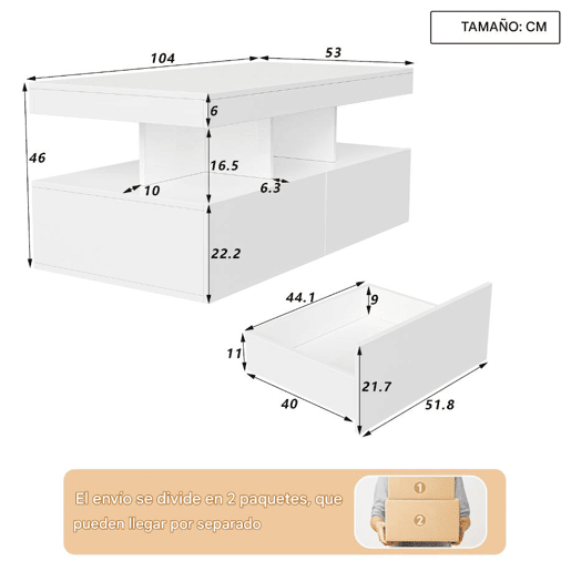 Mesa de centro, mesa para sala de estar, LED, branca