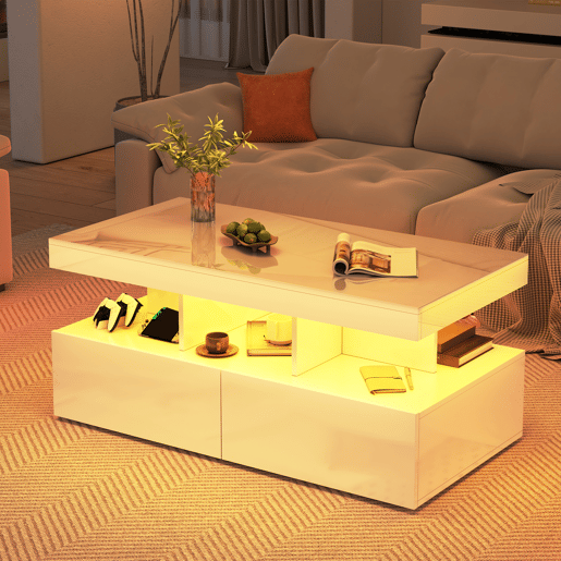 Mesa de centro, mesa para sala de estar, LED, branca