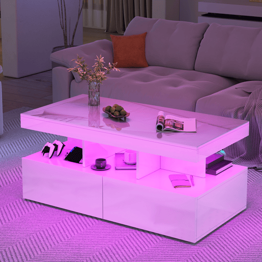 Mesa de centro, mesa para sala de estar, LED, branca