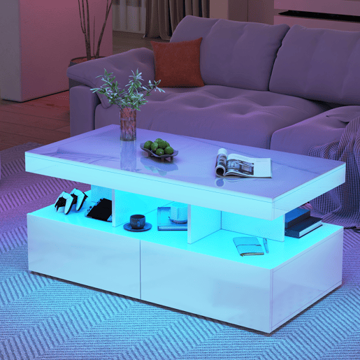 Mesa de centro, mesa para sala de estar, LED, branca