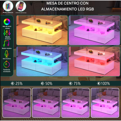 Mesa de centro, mesa para sala de estar, LED, branca