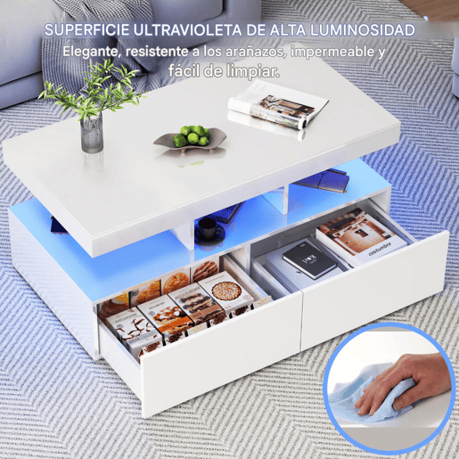 Mesa de centro, mesa para sala de estar, LED, branca