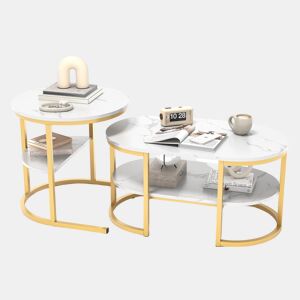 2 conjuntos, mesa de centro com estrutura em ferro, mesa com aspeto de mármore, mesa de centro, mesa de sofá, mesa de sala, moderna