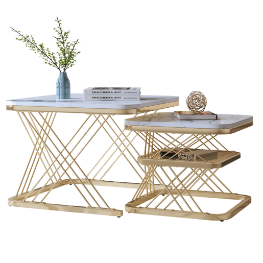 Conjunto de mesa de centro de 2 peças, estrutura de metal dourado, aspeto de mármore, branco Conjunto de mesa de centro de 2 peças, estrutura de metal dourado, aspeto de mármore, branco
