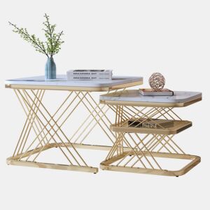 Conjunto de mesa de centro de 2 peças, estrutura de metal dourado, aspeto de mármore, branco