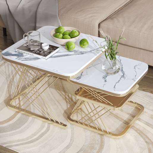 Conjunto de mesa de centro de 2 peças, estrutura de metal dourado, aspeto de mármore, branco Conjunto de mesa de centro de 2 peças, estrutura de metal dourado, aspeto de mármore, branco