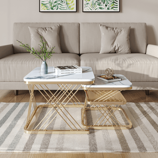 Conjunto de mesa de centro de 2 peças, estrutura de metal dourado, aspeto de mármore, branco Conjunto de mesa de centro de 2 peças, estrutura de metal dourado, aspeto de mármore, branco