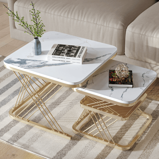 Conjunto de mesa de centro de 2 peças, estrutura de metal dourado, aspeto de mármore, branco Conjunto de mesa de centro de 2 peças, estrutura de metal dourado, aspeto de mármore, branco
