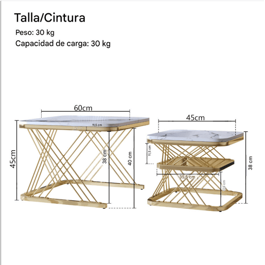 Conjunto de mesa de centro de 2 peças, estrutura de metal dourado, aspeto de mármore, branco Conjunto de mesa de centro de 2 peças, estrutura de metal dourado, aspeto de mármore, branco