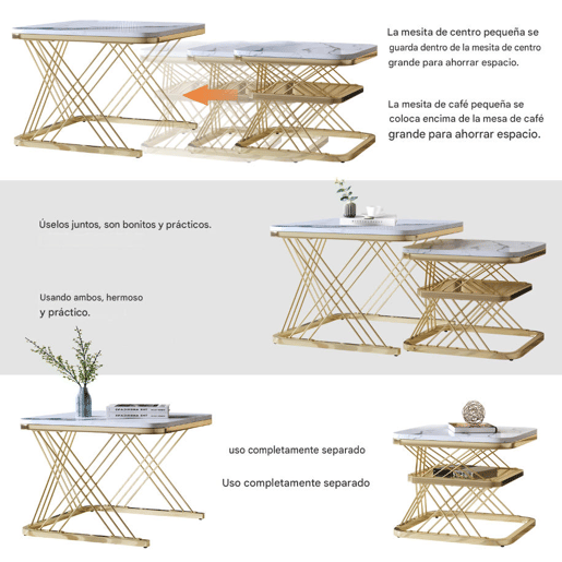 Conjunto de mesa de centro de 2 peças, estrutura de metal dourado, aspeto de mármore, branco Conjunto de mesa de centro de 2 peças, estrutura de metal dourado, aspeto de mármore, branco