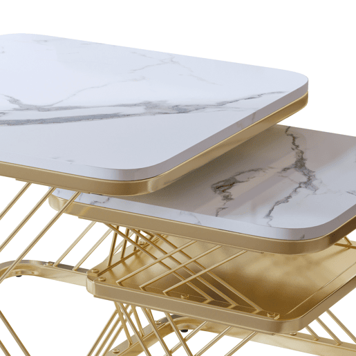 Conjunto de mesa de centro de 2 peças, estrutura de metal dourado, aspeto de mármore, branco Conjunto de mesa de centro de 2 peças, estrutura de metal dourado, aspeto de mármore, branco