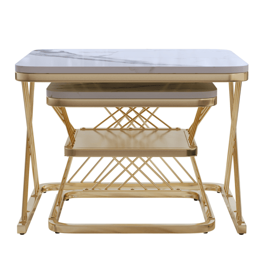 Conjunto de mesa de centro de 2 peças, estrutura de metal dourado, aspeto de mármore, branco Conjunto de mesa de centro de 2 peças, estrutura de metal dourado, aspeto de mármore, branco