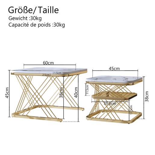 Conjunto de mesa de centro de 2 peças, estrutura de metal dourado, aspeto de mármore, branco Conjunto de mesa de centro de 2 peças, estrutura de metal dourado, aspeto de mármore, branco