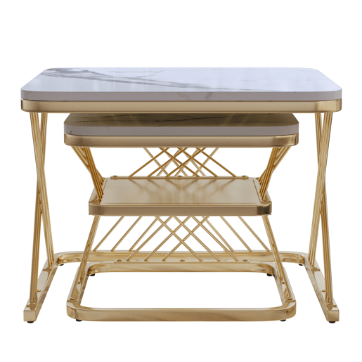 Conjunto de mesa de centro de 2 peças, estrutura de metal dourado, aspeto de mármore, branco Conjunto de mesa de centro de 2 peças, estrutura de metal dourado, aspeto de mármore, branco