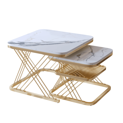 Conjunto de mesa de centro de 2 peças, estrutura de metal dourado, aspeto de mármore, branco Conjunto de mesa de centro de 2 peças, estrutura de metal dourado, aspeto de mármore, branco