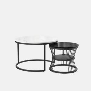 Mesa de centro de 2 peças, mesa de apoio, redonda, mesa de encaixe, mesa de apoio redonda empilhável, preta, adequada para sala de estar, varanda, escritório