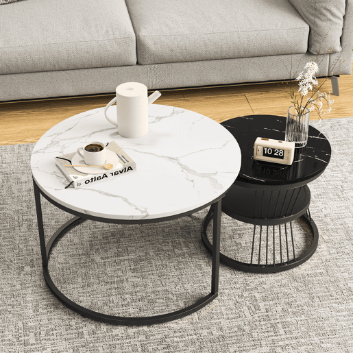 Mesa de centro de 2 peças, mesa de apoio, redonda, mesa de encaixe, mesa de apoio redonda empilhável, preta, adequada para sala de estar, varanda, escritório Mesa de centro de 2 peças, mesa de apoio, redonda, mesa de encaixe, mesa de apoio redonda empilhável, preta, adequada para sala de estar, varanda, escritório