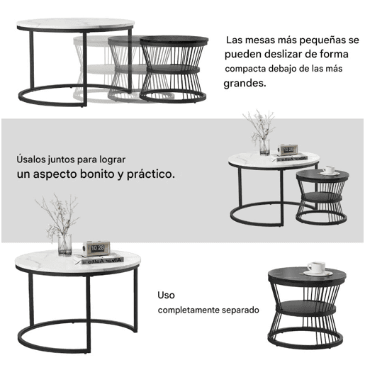 Mesa de centro de 2 peças, mesa de apoio, redonda, mesa de encaixe, mesa de apoio redonda empilhável, preta, adequada para sala de estar, varanda, escritório Mesa de centro de 2 peças, mesa de apoio, redonda, mesa de encaixe, mesa de apoio redonda empilhável, preta, adequada para sala de estar, varanda, escritório