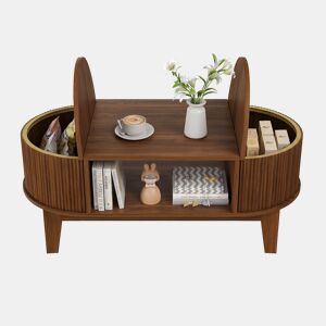 Mesa de centro oval de 100 × 50 × 40,5 cm com acabamento efeito nogueira, tampo reversível, estrutura com ripas verticais e arrumação oculta para sala de estar