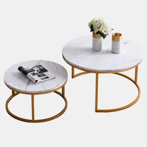 Mesa de centro de 2 peças, mesa de apoio, redonda, mármore, com prateleira, estrutura metálica, mesas de encaixe