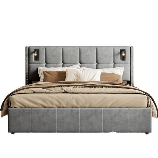 Cama hidráulica 140x200 cm com USB, Tipo C, LED, luz de leitura e arrumação, cinzento Cama hidráulica 140x200 cm com USB, Tipo C, LED, luz de leitura e arrumação, cinzento