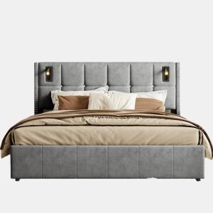 Cama hidráulica 140x200 cm com USB, Tipo C, LED, luz de leitura e arrumação, cinzento