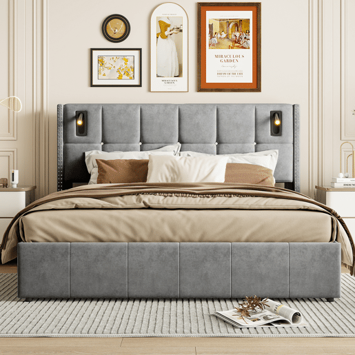Cama hidráulica 140x200 cm com USB, Tipo C, LED, luz de leitura e arrumação, cinzento Cama hidráulica 140x200 cm com USB, Tipo C, LED, luz de leitura e arrumação, cinzento