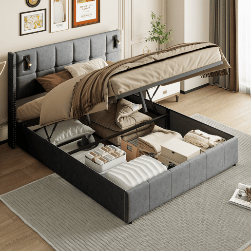 Cama hidráulica 140x200 cm com USB, Tipo C, LED, luz de leitura e arrumação, cinzento Cama hidráulica 140x200 cm com USB, Tipo C, LED, luz de leitura e arrumação, cinzento