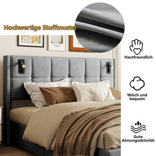 Cama hidráulica 140x200 cm com USB, Tipo C, LED, luz de leitura e arrumação, cinzento Cama hidráulica 140x200 cm com USB, Tipo C, LED, luz de leitura e arrumação, cinzento