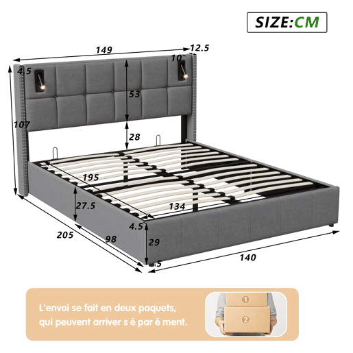 Cama hidráulica 140x200 cm com USB, Tipo C, LED, luz de leitura e arrumação, cinzento Cama hidráulica 140x200 cm com USB, Tipo C, LED, luz de leitura e arrumação, cinzento
