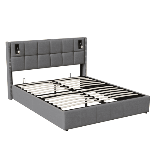 Cama hidráulica 140x200 cm com USB, Tipo C, LED, luz de leitura e arrumação, cinzento Cama hidráulica 140x200 cm com USB, Tipo C, LED, luz de leitura e arrumação, cinzento