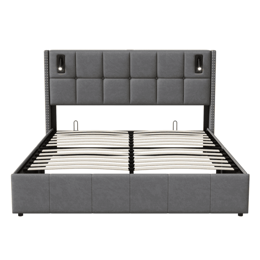 Cama hidráulica 140x200 cm com USB, Tipo C, LED, luz de leitura e arrumação, cinzento Cama hidráulica 140x200 cm com USB, Tipo C, LED, luz de leitura e arrumação, cinzento