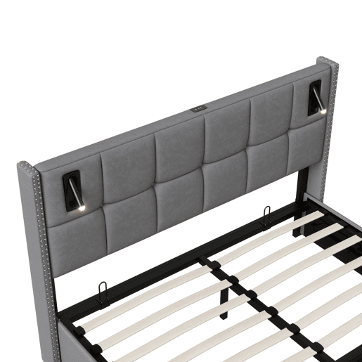 Cama hidráulica 140x200 cm com USB, Tipo C, LED, luz de leitura e arrumação, cinzento Cama hidráulica 140x200 cm com USB, Tipo C, LED, luz de leitura e arrumação, cinzento