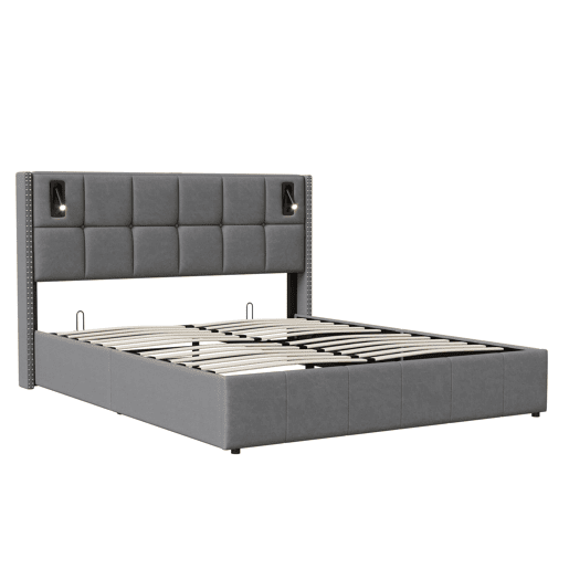 Cama hidráulica 140x200 cm com USB, Tipo C, LED, luz de leitura e arrumação, cinzento Cama hidráulica 140x200 cm com USB, Tipo C, LED, luz de leitura e arrumação, cinzento