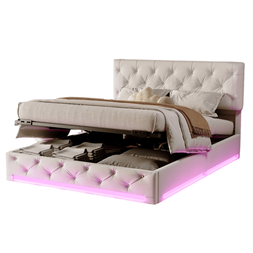 Cama 160x200cm, LED, cama de primavera hidráulica, cama de casal, cama de armazenamento, cama juvenil Cama 160x200cm, LED, cama de primavera hidráulica, cama de casal, cama de armazenamento, cama juvenil