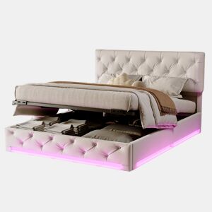 Cama 160x200cm, LED, cama de primavera hidráulica, cama de casal, cama de armazenamento, cama juvenil