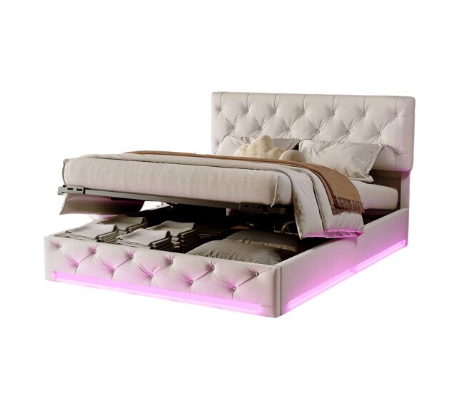 Cama 160x200cm, led, cama con muelles hidráulicos, cama doble, cama con canapé, cama juvenil