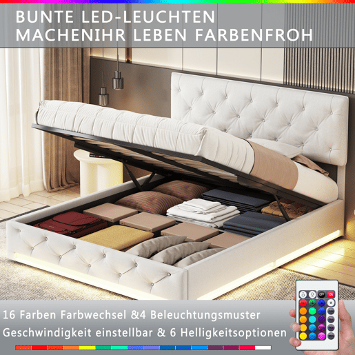 Cama 160x200cm, LED, cama de primavera hidráulica, cama de casal, cama de armazenamento, cama juvenil Cama 160x200cm, LED, cama de primavera hidráulica, cama de casal, cama de armazenamento, cama juvenil